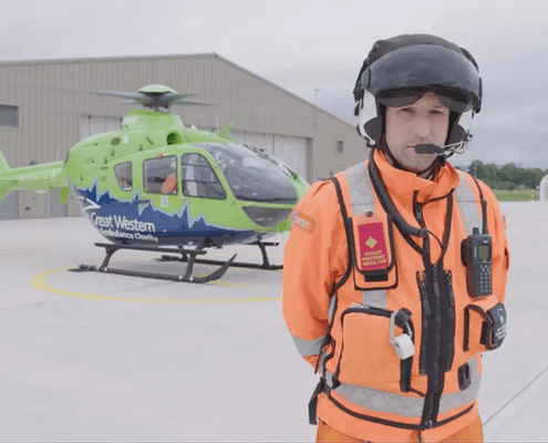 Great Western Air Ambulance Charity and pilot in orange flight suit